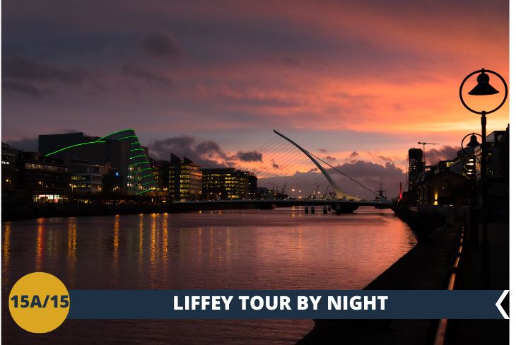 DUBLIN BY NIGHT LIFFEY TOUR: un walking tour serale vi condurrà in una delle aree più moderne della capitale. Percorrerete il fiume Liffey e attraverserete l’iconico SAMUEL BECKETT BRIDGE, che con la sua forma ad arpa, è un tratto inconfondibile dello SKYLINE DUBLINESE.