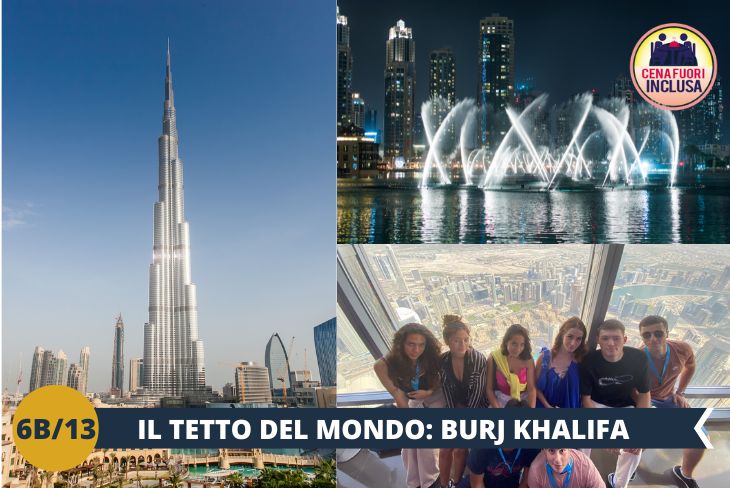 Sei pronto a vivere un’emozione unica e salire sul Burj  Khalifa (ingresso incluso), il grattacielo di Dubai più alto del mondo? Da qui potremo godere di un esclusivo panorama straordinario su tutta la città: con i suoi 828 metri, è davvero una celebrità internazionale!  Infine ammireremo una delle principali attrazioni di Dubai, lo SPETTACOLO DELLE FONTANE DANZANTI che si svolge più volte al giorno sul lago artificiale ai piedi del Burj Khalifa…un'esperienza che vi toglierà il fiato! Al termine del tour, faremo cena in un ristorante locale. (Escursione di mezza giornata)