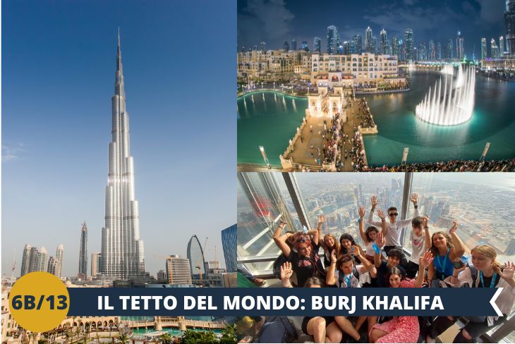 Sei pronto a vivere un’emozione unica e salire sul Burj  Khalifa (ingresso incluso), il grattacielo di Dubai più alto del mondo? Da qui potremo godere di un esclusivo panorama straordinario su tutta la città: con i suoi 828 metri, è davvero una celebrità internazionale!  Infine ammireremo una delle principali attrazioni di Dubai, lo SPETTACOLO DELLE FONTANE DANZANTI che si svolge più volte al giorno sul lago artificiale ai piedi del Burj Khalifa…un'esperienza che vi toglierà il fiato! Al termine del tour, faremo cena in un ristorante locale. (Escursione di mezza giornata)
