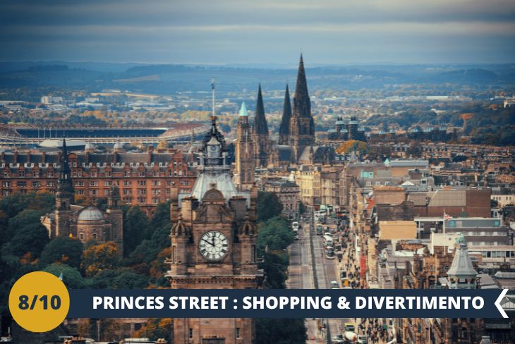 Visiteremo la favolosa PRINCES STREET, una delle vie dello shopping più famose della capitale! Princes Street è una delle arterie principali di Edimburgo, nonché la sua principale via per lo shopping. Lungo circa 1,6 km, si estende da Lothian Road a ovest a Leith Street a est. (escursione di mezza giornata)