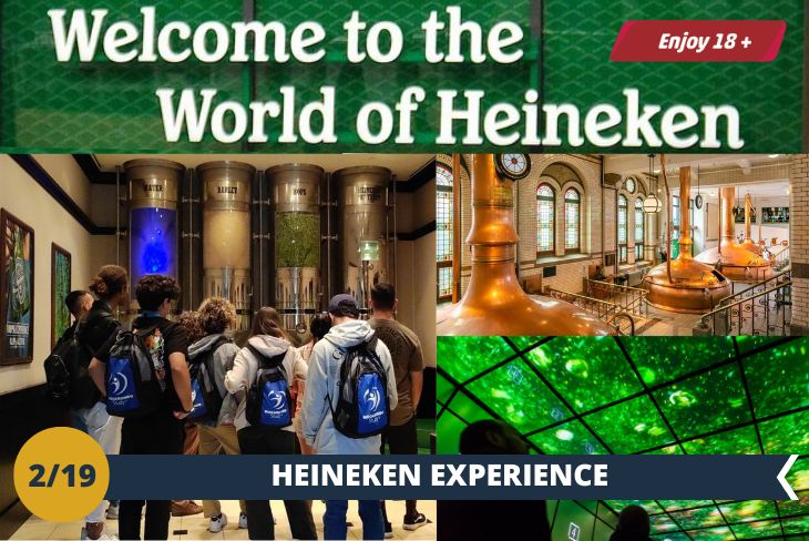 ESCURSIONE DI INTERA GIORNATA: Sapevate che una delle birre più famose e più bevute al mondo non è né belga né tedesca bensì olandese? Proprio così: l’Heineken viene prodotta ad Amsterdam e voi avrete modo di visitare il birrificio più antico. L’HEINEKEN EXPERIENCE (INGRESSO INCLUSO) è un museo interattivo che celebra la popolarissima birra dalla bottiglia verde. Apprenderete tutto sull'eredità di Heineken e il processo di produzione della birra. Preparatevi ad un’entusiasmante esperienza che coinvolgerà tutti i vostri sensi!