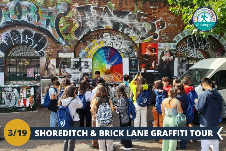ESCURSIONE DI INTERA GIORNATA: un tour tutto da scoprire alla ricerca dei Graffiti più belli! Cool, creativo e con un tocco di grinta, Shoreditch è uno dei quartieri più alla moda di Londra. È anche una mostra urbana di street art, con opere di alcuni dei più grandi nomi (sì, Banksy ha lasciato il segno qui) e di talenti emergenti, è proprio qui che partirà il nostro tour. Seconda tappa Brick Lane, è forse il luogo più famoso del Regno Unito per trovare arte di strada e graffiti, le sue strade che si diramano verso Spitalfields a ovest e Bethnal Green a est hanno tutte una storia da raccontare e noi le scopriremo tutte. Ci sposteremo poi allo Spitafields Market, la destinazione numero uno per quanto riguarda cibo, arte, musica, eventi e moda dell’East London.