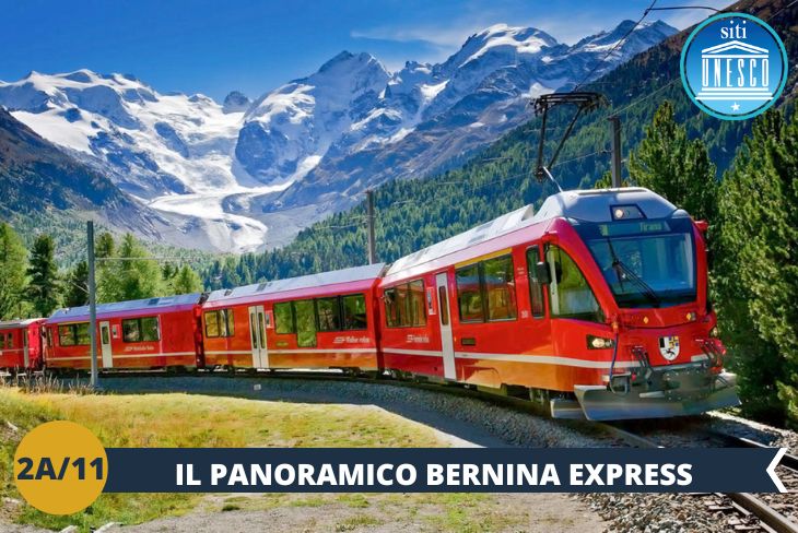 ESCURSIONE DI INTERA GIORNATA a bordo di meravigliosi vagoni rossi, in un viaggio tra Italia e Svizzera, che vi porterà alla scoperta dei paesaggi più delle Alpi. Un viaggio EMOZIONANTE E PANORAMICO lungo una tratta ferroviaria che è stata inserita dal 2008 nella lista dei Patrimoni mondiali dell’UNESCO. Conosciuto anche col nome di TRENO PIÙ BELLO DEL MONDO o TRENO PIÙ ALTO D’EUROPA, il Trenino Rosso del Bernina è un capolavoro di ingegneria ferroviaria. Partirete da Tirano (ticket di andata incluso), a quota 429 metri, per iniziare un viaggio mozzafiato. Arriverete a St. Moritz, a 1756 metri, dopo aver superato il punto più alto del Passo del Bernina, a quota 2253 metri. Il treno, infatti, supera pendenze del 70 per mille, cosa unica al mondo!