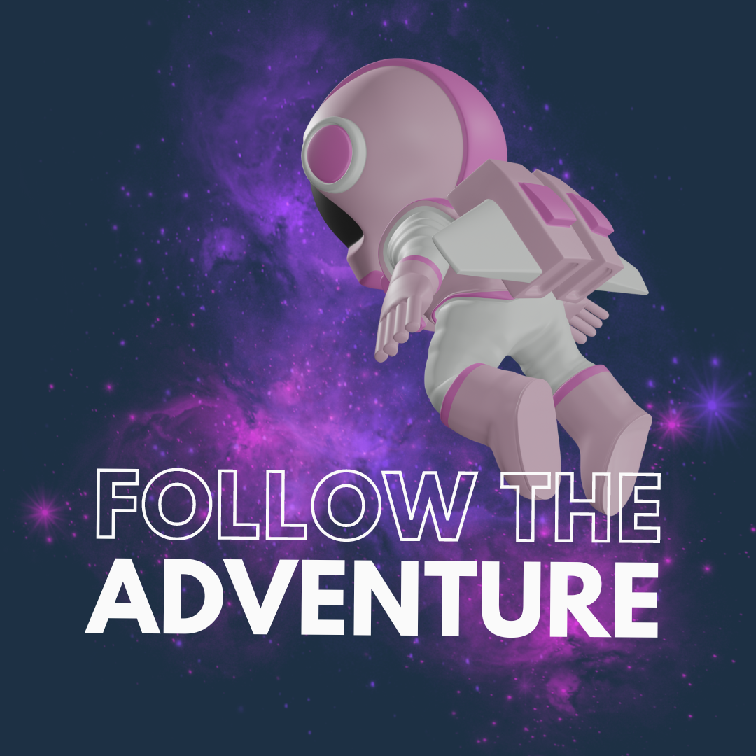 nell'immagine, la frase follow the adventure è accompagnata dalla figura di un astronauta che viaggia verso le stelle, come uno studente che decide di fare l'università all'estero o l'anno scolastico all'estero parte per le profondità siderali