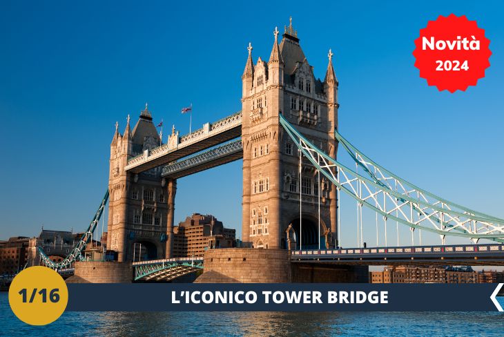 NOVITA’ 2024! Un’uscita alla scoperta del famosissimo Tower Bridge! Tower Bridge è uno degli emblemi più iconici di Londra, una struttura maestosa e affascinante che attraversa il fiume Tamigi con il suo design unico. Situato nel cuore della città, Tower Bridge è una testimonianza della grandiosità architettonica e dell'ingegnosità umana. La costruzione del ponte ebbe inizio nel 1886 e fu completata nel 1894, diventando rapidamente un punto di riferimento imprescindibile nella skyline londinese. La sua caratteristica principale è costituita dalle due torri gemelle che si ergono imponenti ai lati del ponte, unite da passerelle sospese che offrono una vista panoramica mozzafiato sulla città. Ciò che rende Tower Bridge davvero unico è la sua abilità di sollevarsi verticalmente per consentire il passaggio di navi di grandi dimensioni. Questo spettacolo meccanico è diventato una parte integrante della sua identità, con le passerelle che si sollevano lentamente mentre le barriere stradali si chiudono per lasciare spazio alle imbarcazioni che navigano sul Tamigi.  Siete pronti a scoprire tutti i segreti di questo iconico monumento? (escursione mezza giornata)